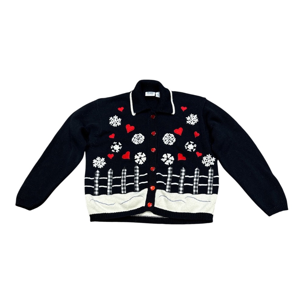 Vintage Jason Maxwell Snowflake Heart Cottage Cardigan Sweater Black Red Large